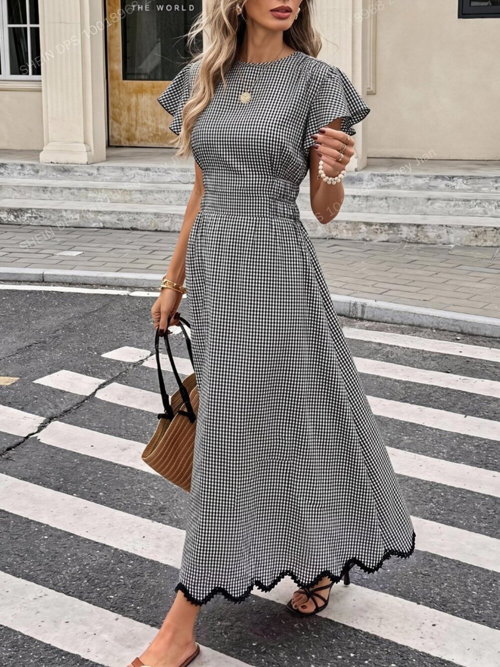 Apricot Casual Women's Plaid Round Neck Ruffle Short Sleeve Elegant Long Dress - Picture 3 of 8